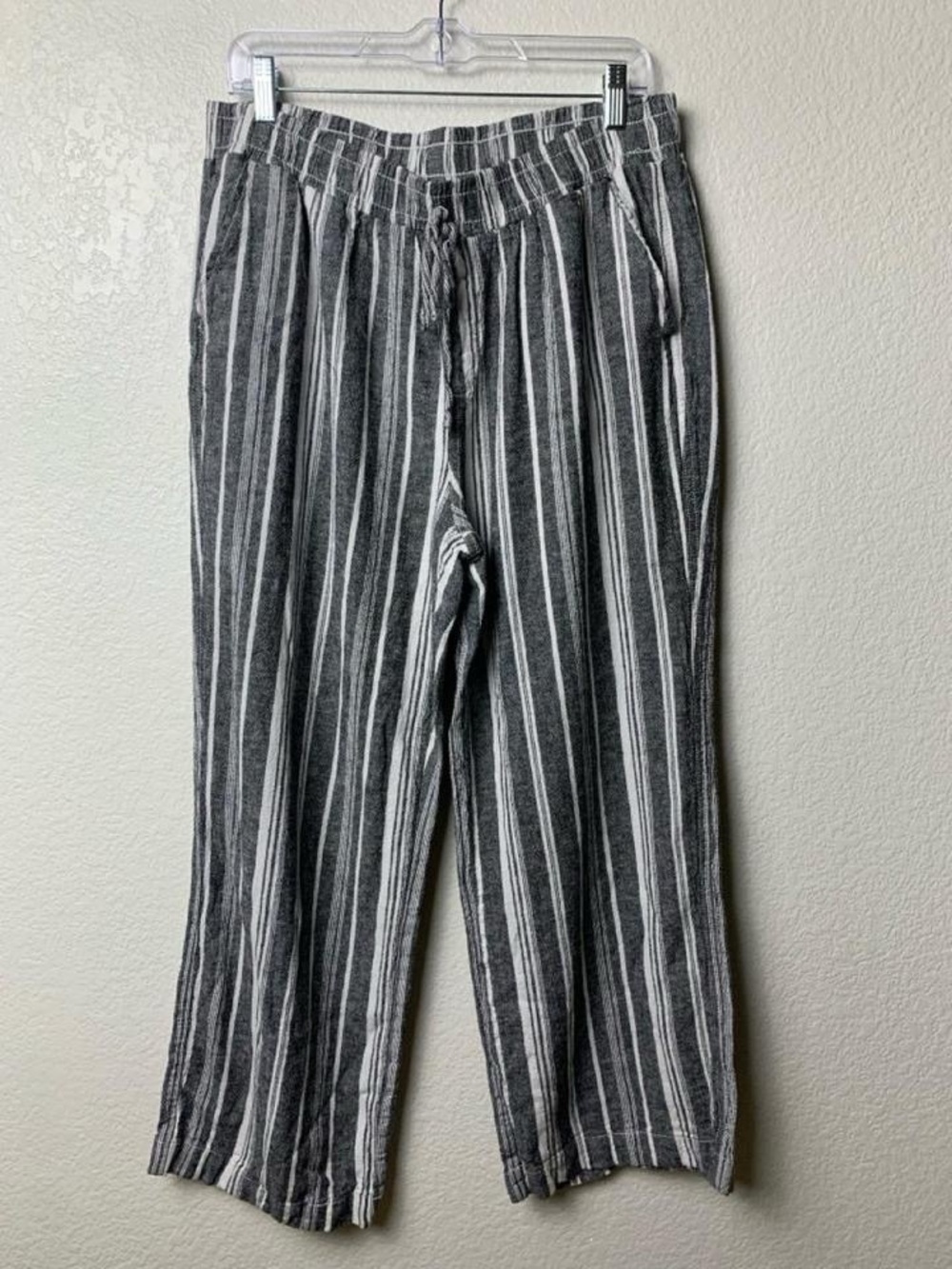 Linen Blend Nautical Pants XL Striped Pull On Drawstring Crop Wide Leg